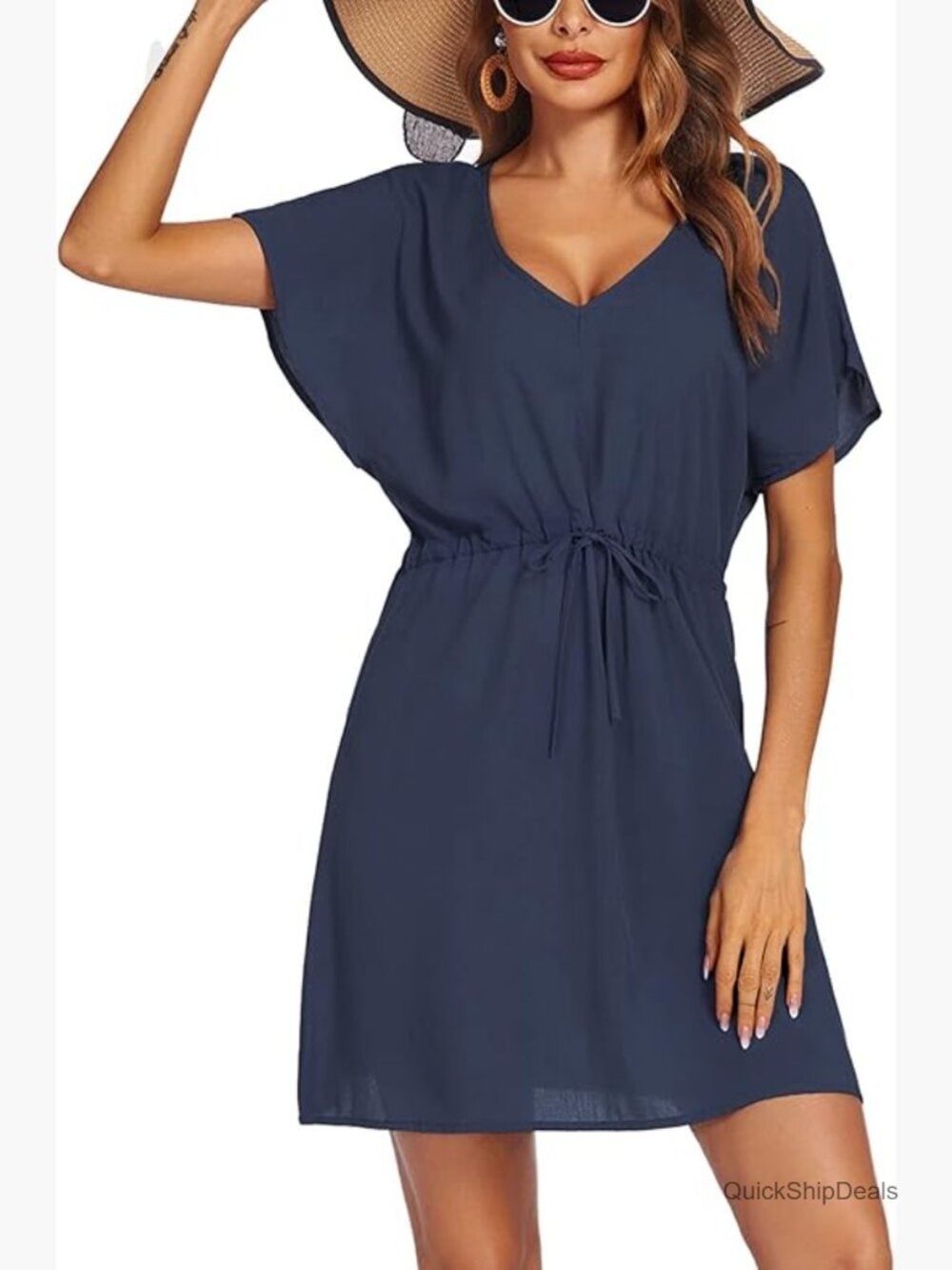 V Neck Short Sleeve Swim Cover Up Dress Lightweight Rayon Beachwear